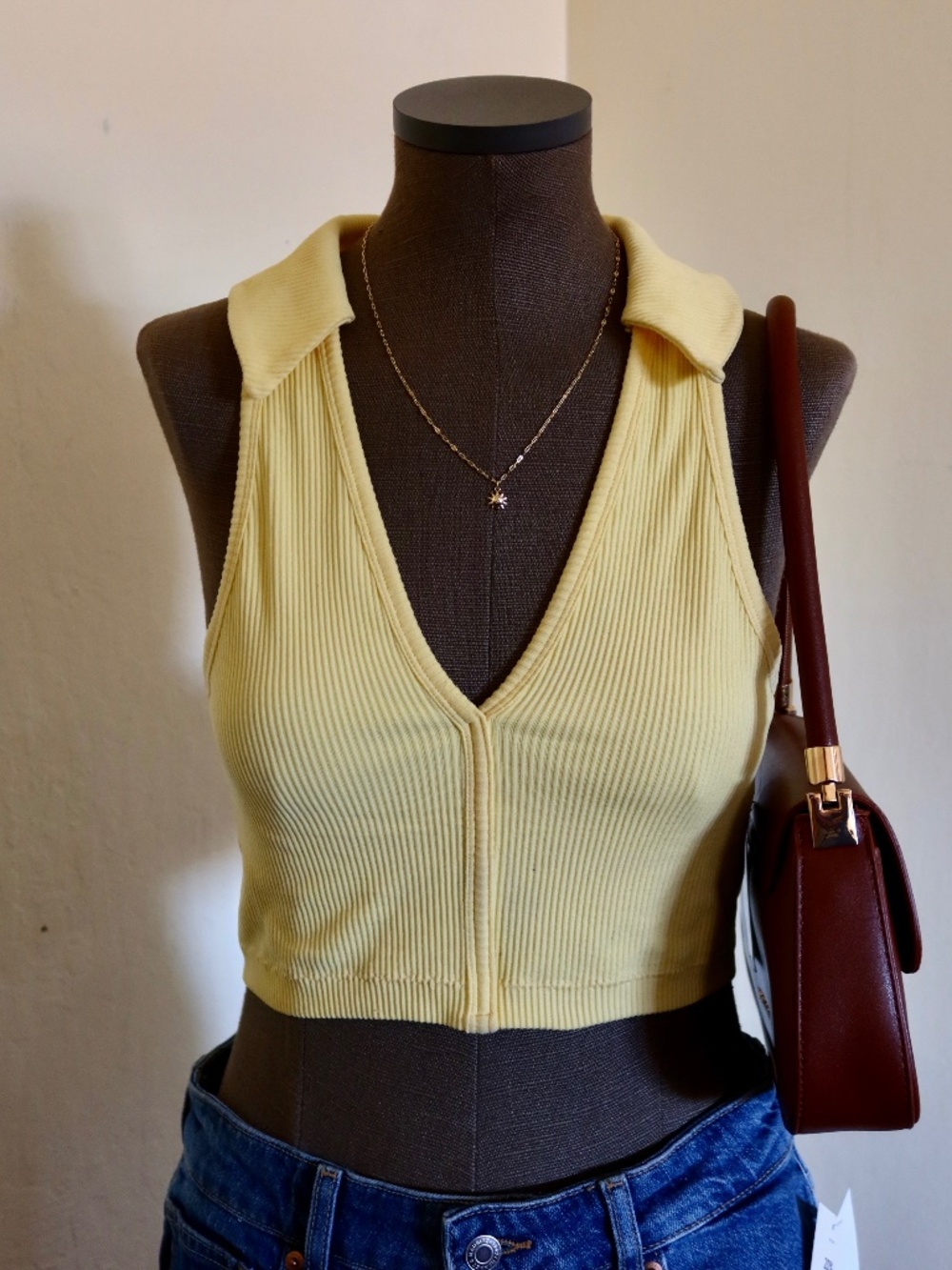 Garage Butter Yellow Collared Crop Tank